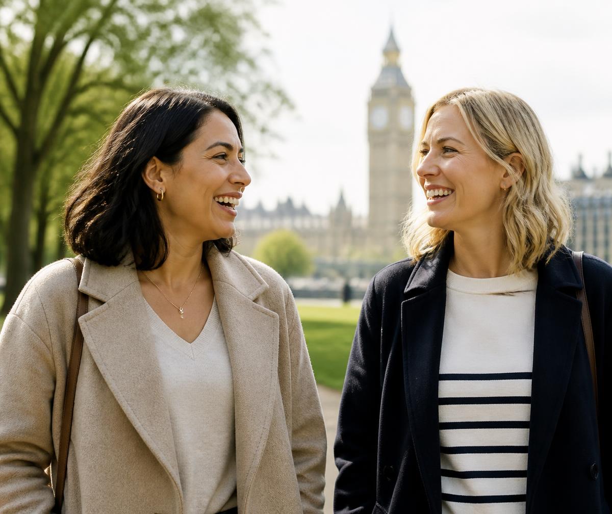 Two women talking and smiling outdoors in London, reflecting supportive clinician-led weight management care